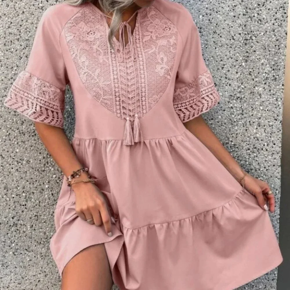 Tassel Tie Ruffle Hem lace detailed mini Dress - Picture 3 of 6
